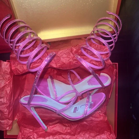 RENE CAOVILLA Pink Crystal Wrap-Up Heel - Picture 1 of 6
